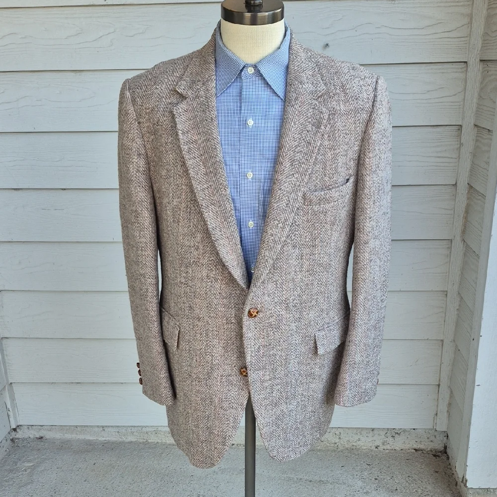 HARRIS TWEED Foreman & Clark‎ Beige Brown Herringbone Weave 46 R Sport Coat VTG